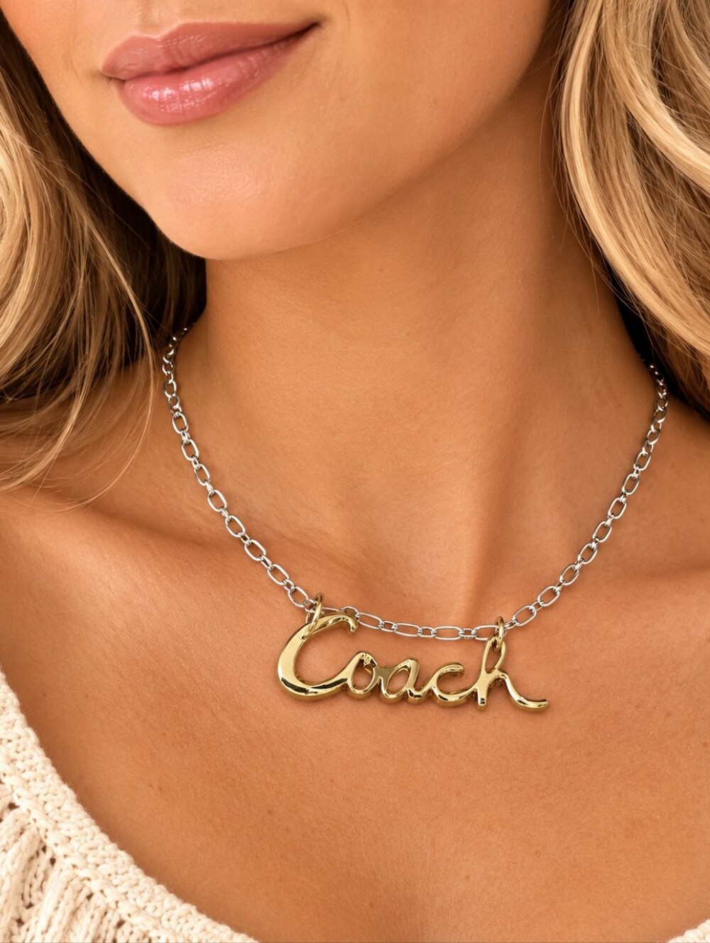 Coach Poppy Cursive Logo Nameplate Acrylic Gold Pendant On Silver Chain Necklace